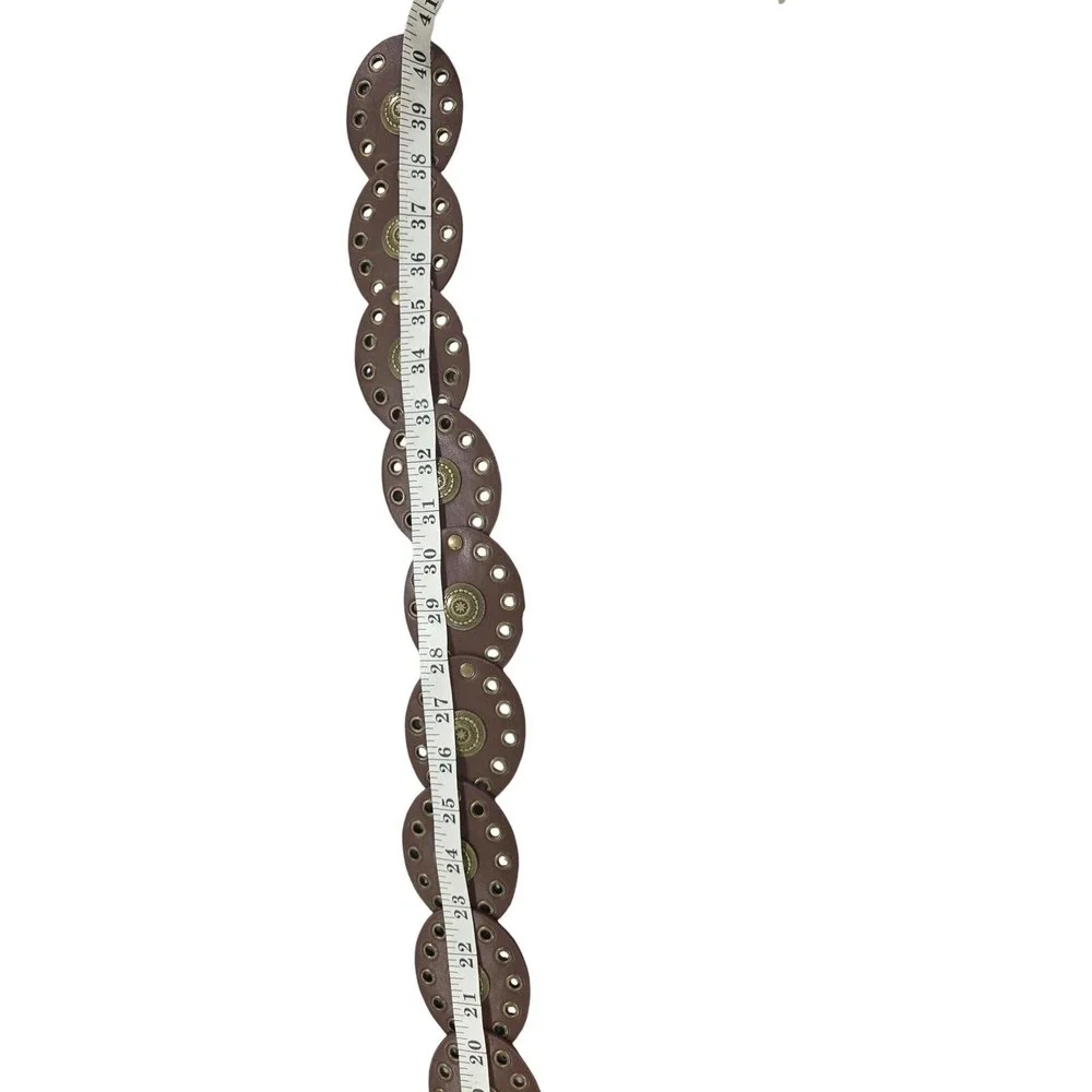 Womens Boho Brown Leather Wide Circle Disc‎ Studded Belt Antique Gold Buckle